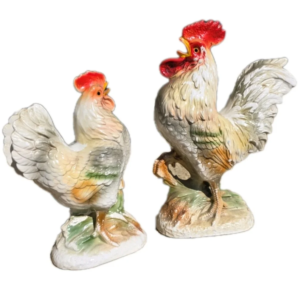 Vintage Rooster and Hen Large Ceramic Figurine 2 pc White Red Gray Antique Decor